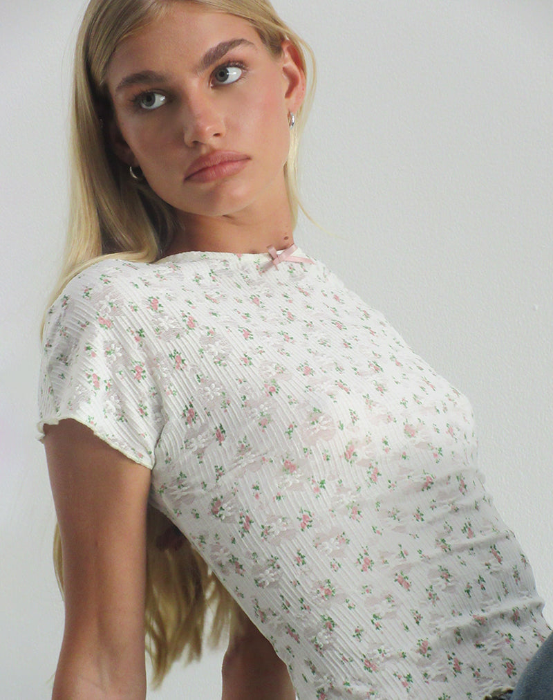 Luyu Short Sleeve Top in Floral Lace Ivory (Top à manches courtes en dentelle florale)