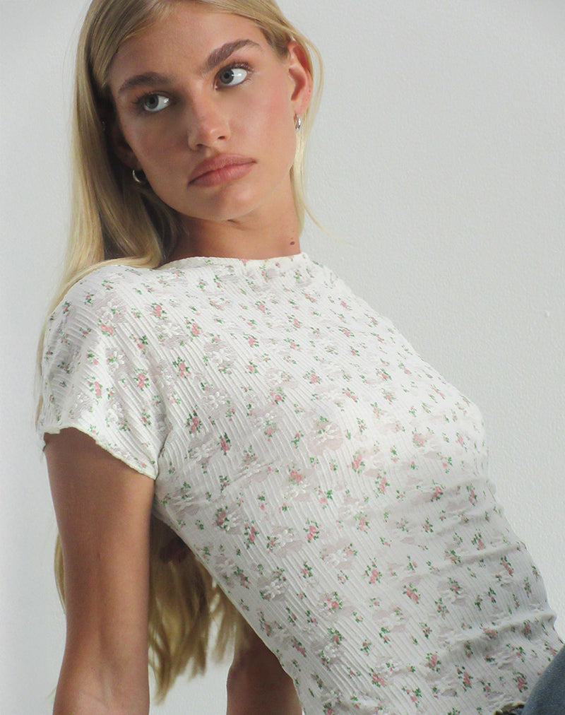 Luyu Short Sleeve Top in Floral Lace Ivory (Top à manches courtes en dentelle florale)