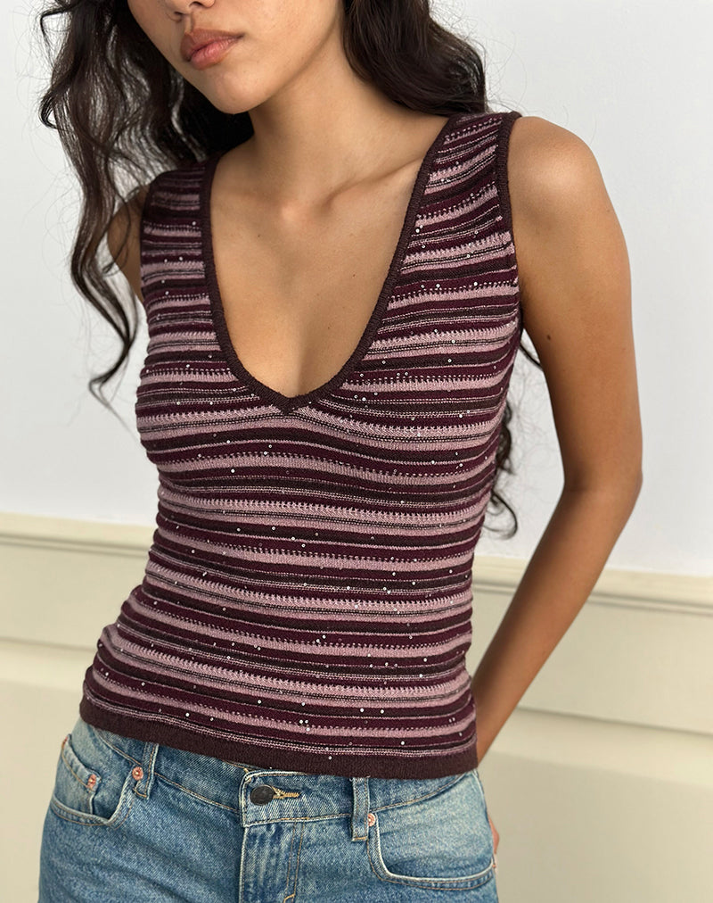 Lycia Plunge Top in Glitter Knit Striped Purple (Top plongeant en maille pailletée)