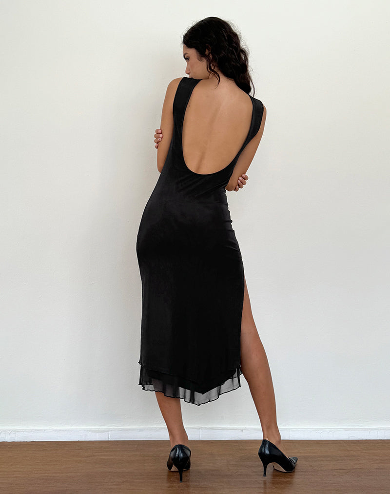 Lyra Backless Midi Dress in Mesh Black (robe midi dos nu en maille)