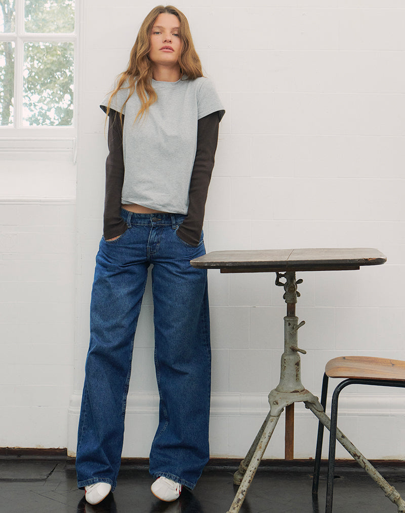 Jean parallèle à taille basse, bleu moyen usagé