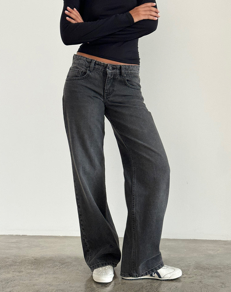 Jean parallèle taille basse, délavé noir et gris