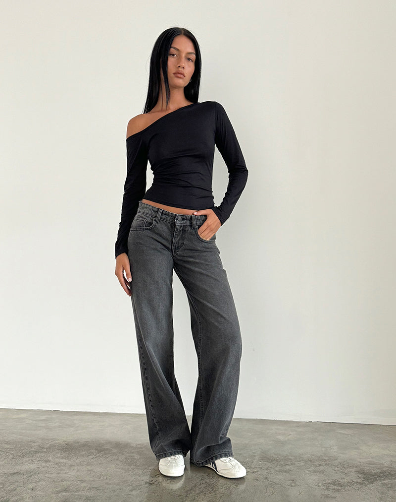 Jean parallèle taille basse, délavé noir et gris