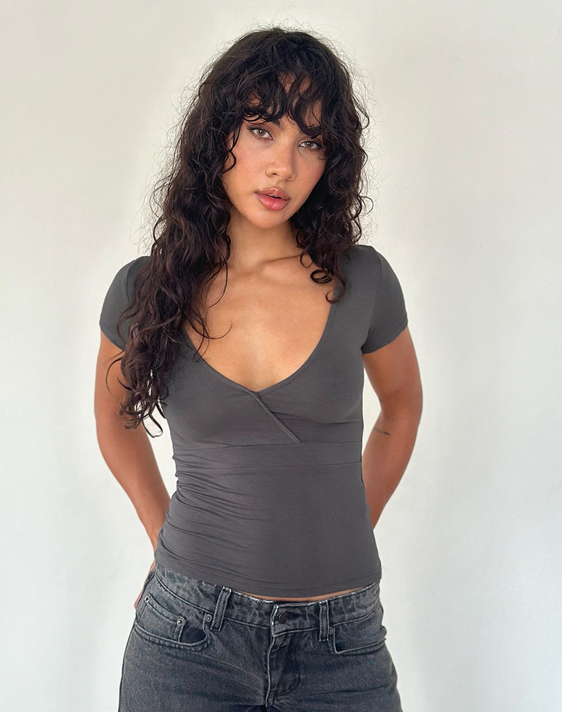 Image de Machiko Plunge Wrap Top in Charcoal Grey