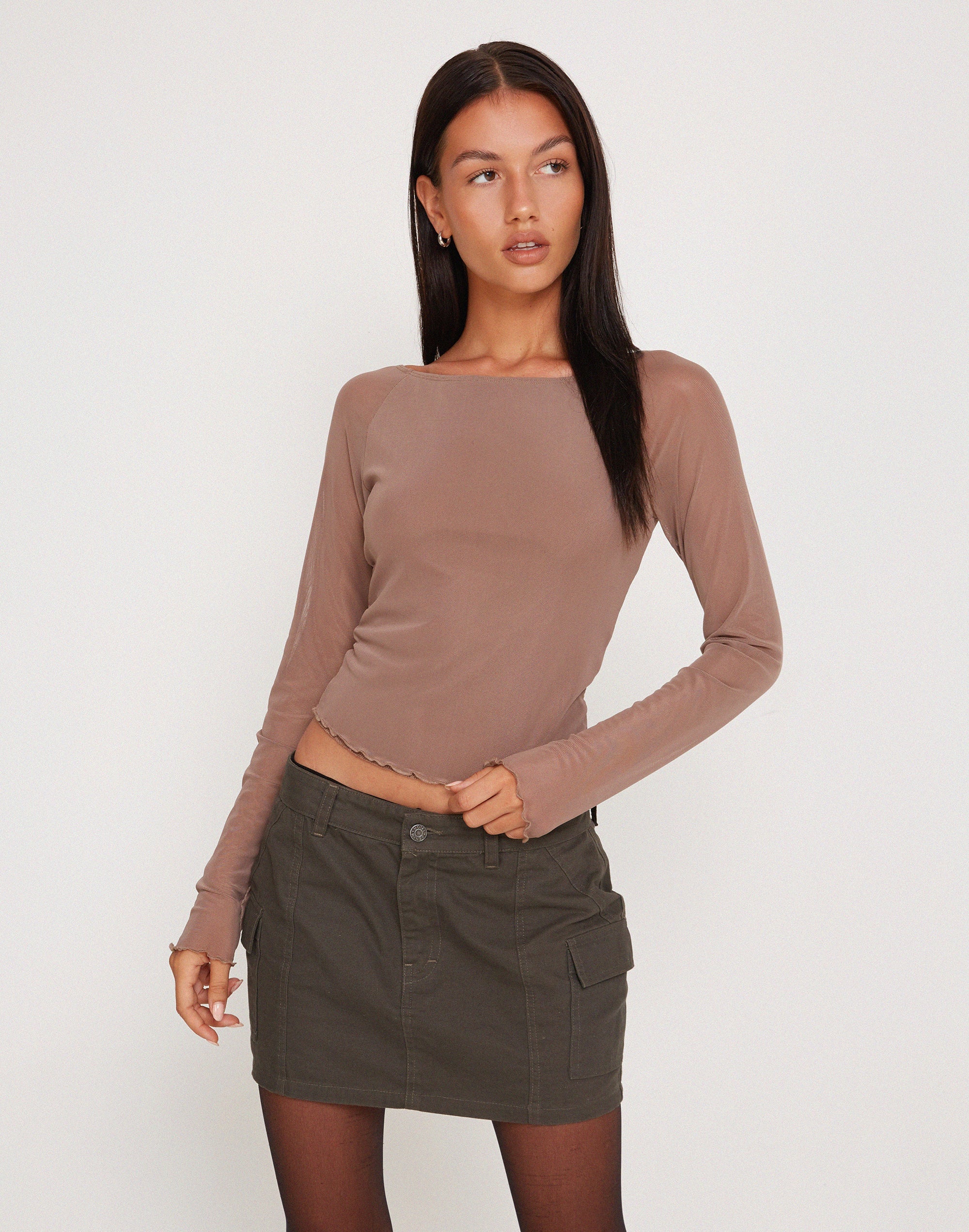 Image de Mahira Long Sleeve Mesh Top in Light Brown