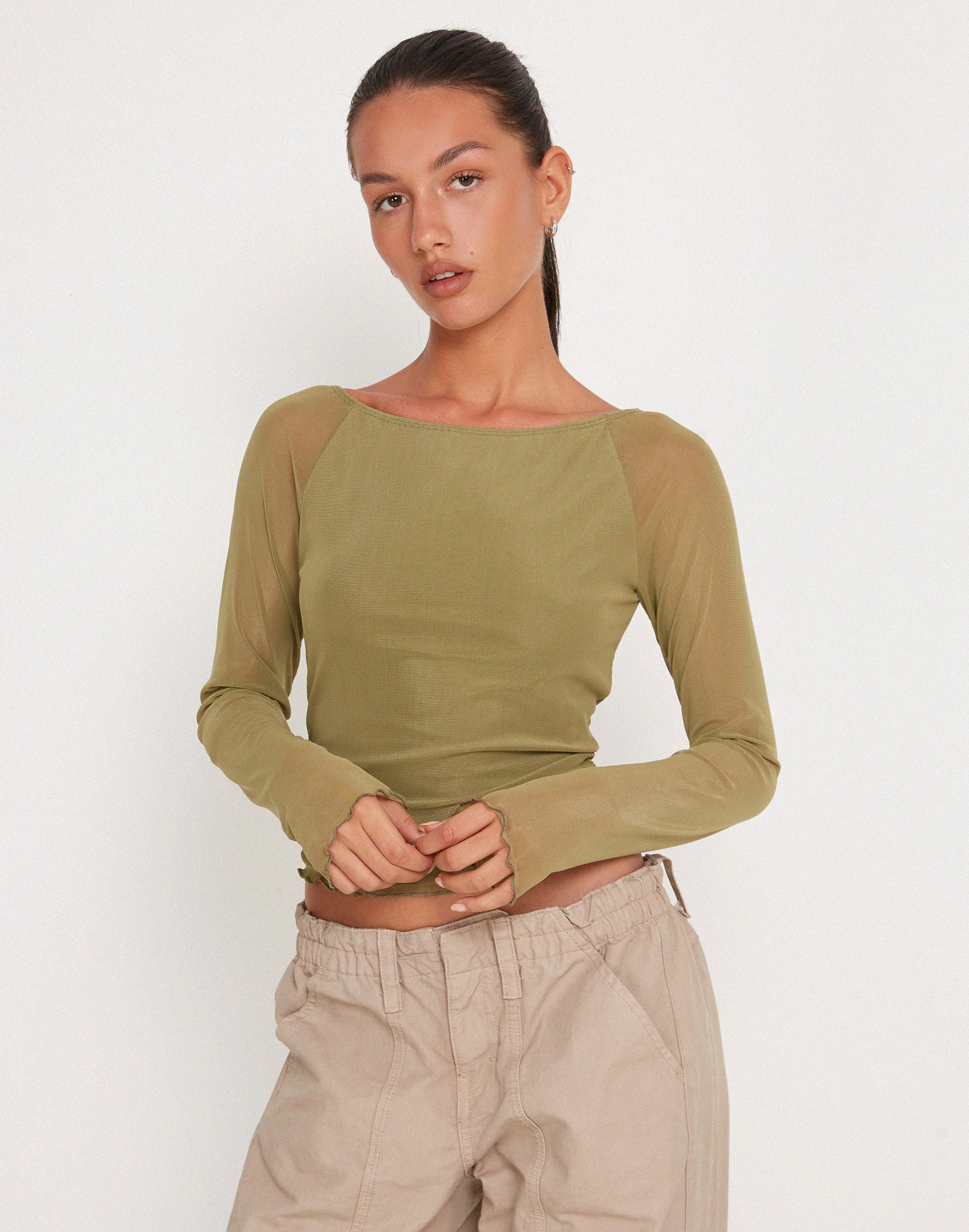 Image de Mahira Long Sleeve Mesh Top in Olive