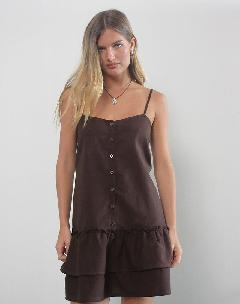 Image de Mailina Linen Button Up Mini Dress in Chocolate Brown