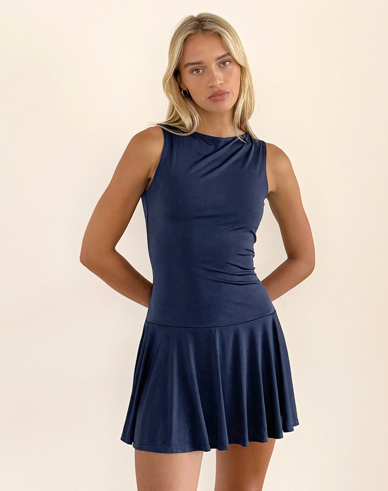 Maisha Open Back Bow Mini Dress in Slinky Navy (Mini robe ouverte au dos avec nœud)