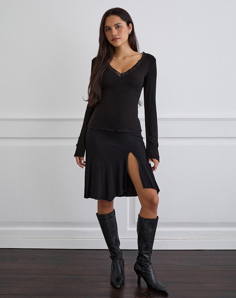 Image de Maivi Long Sleeve Top in Black with Lace Trim