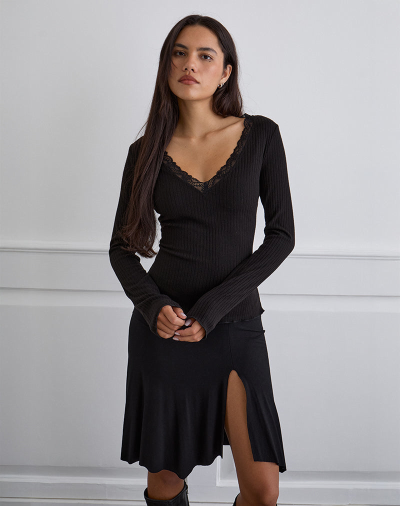 Image de Maivi Long Sleeve Top in Black with Lace Trim