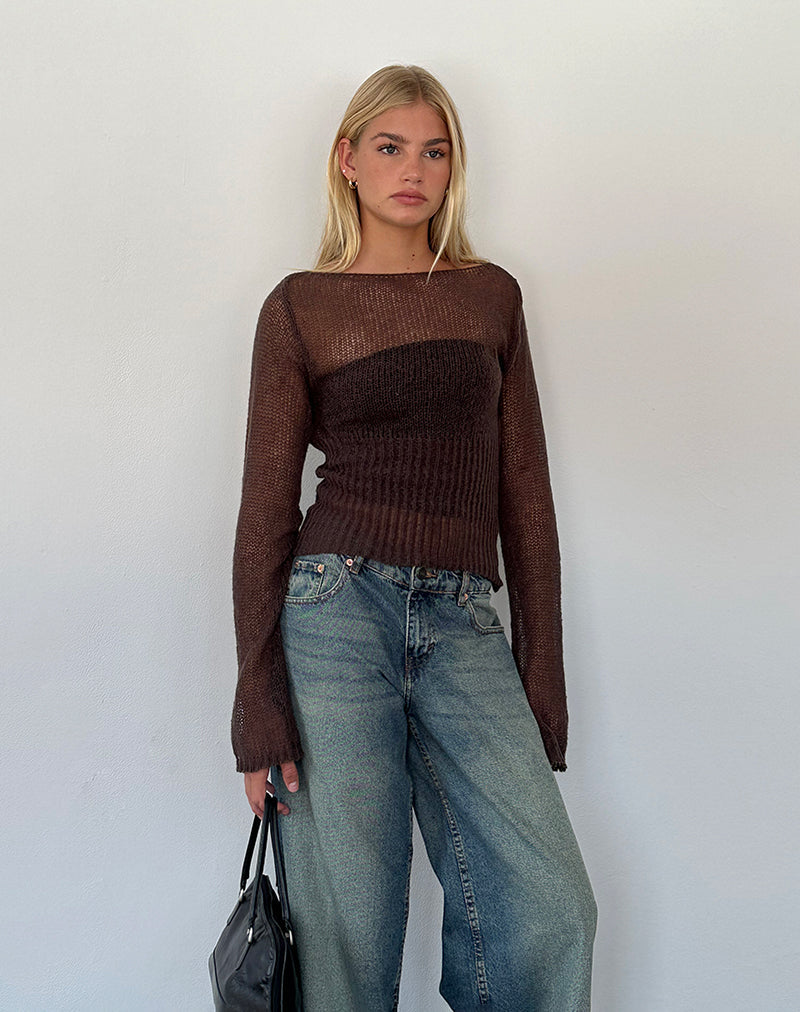 Manon Long Sleeve Sheer Knit Top in Chocolate Brown (Top à manches longues en maille transparente)