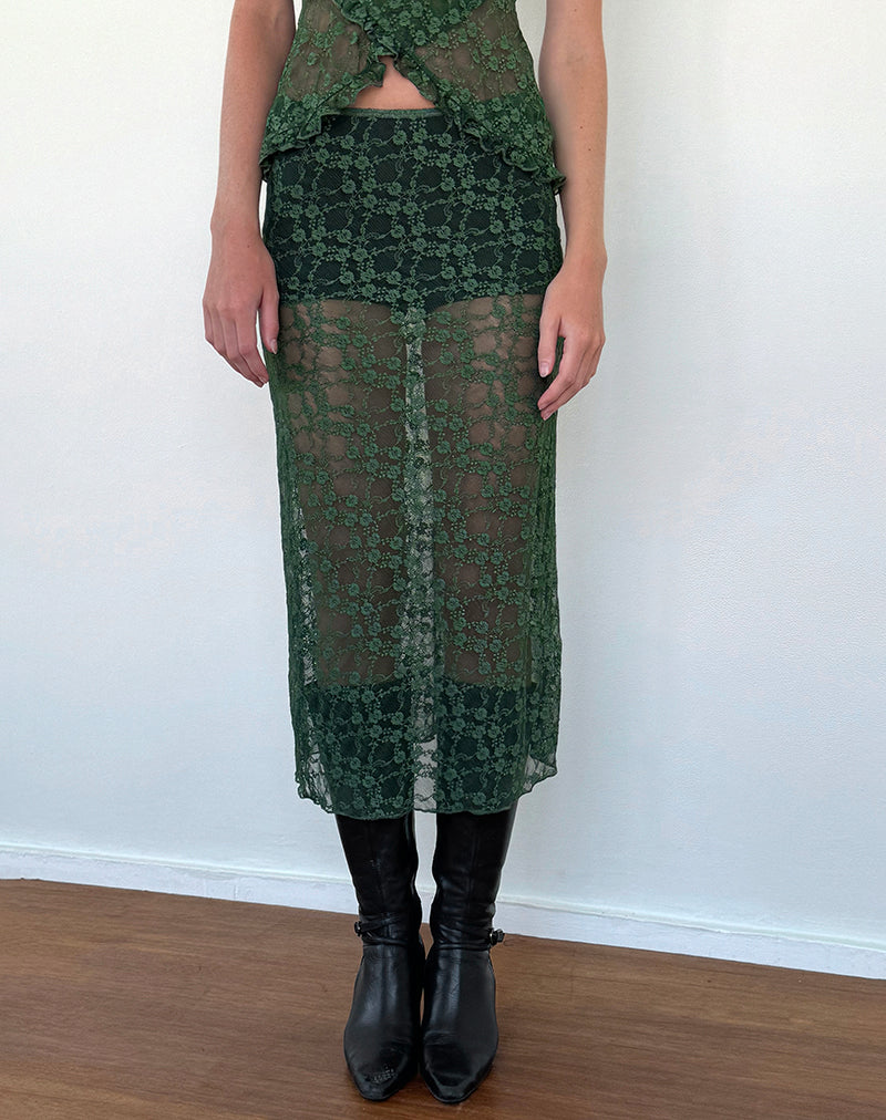 Image de Diri Unlined Midi Skirt in Sage Canina Rose Lace