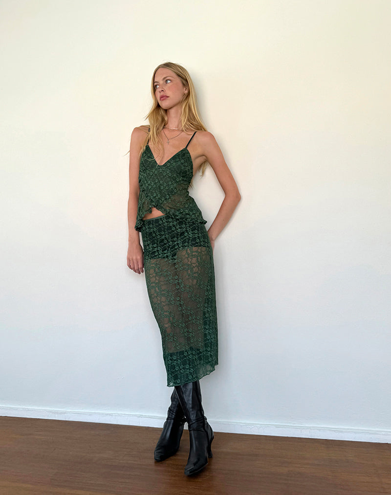 Image de Diri Unlined Midi Skirt in Sage Canina Rose Lace