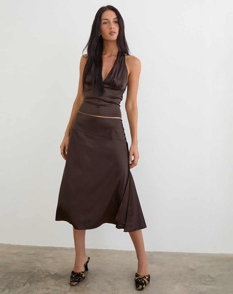 Image de la jupe midi Manyala en satin marron foncé