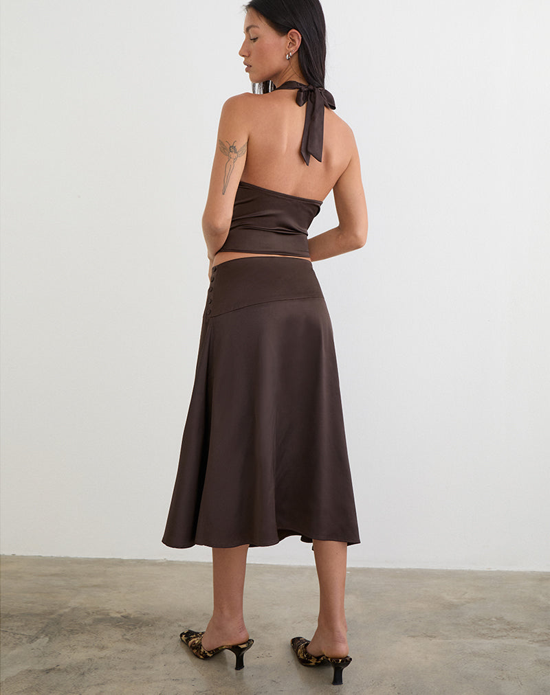 Image de la jupe midi Manyala en satin marron foncé