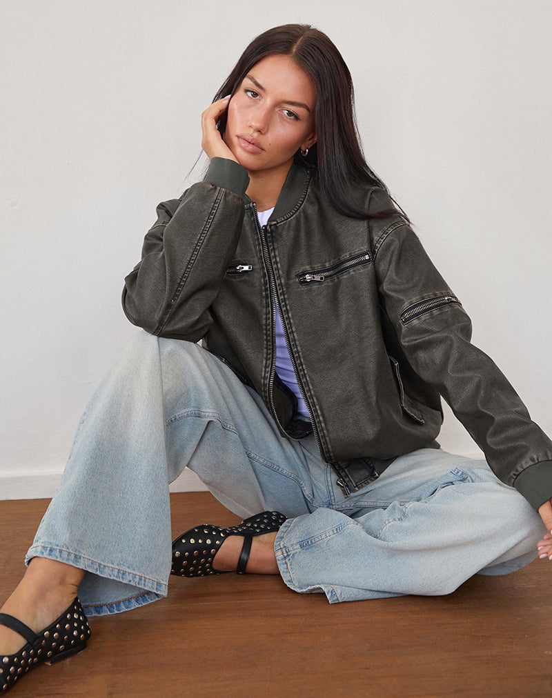 Blouson bombardier Marco Distressed en PU Charcoal