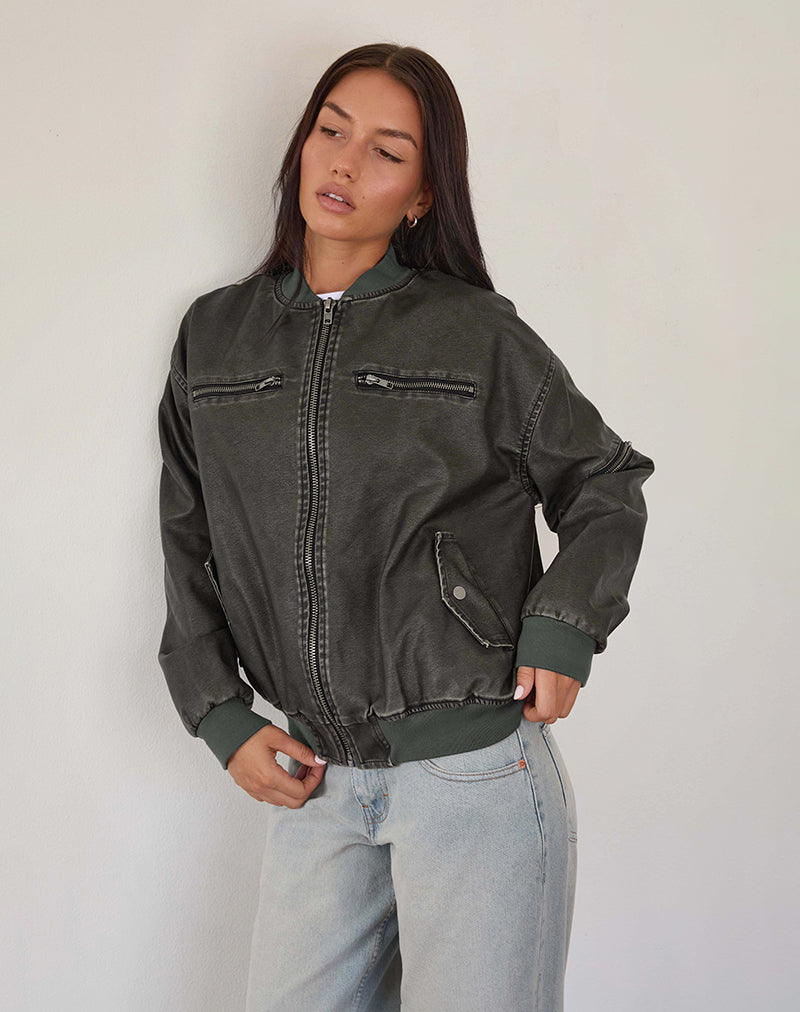 Image de Marco Distressed Bomber Jacket en PU Charcoal