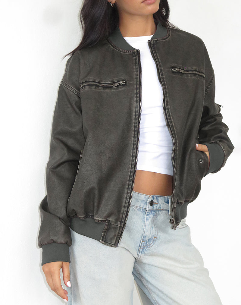 Image de Marco Distressed Bomber Jacket en PU Charcoal