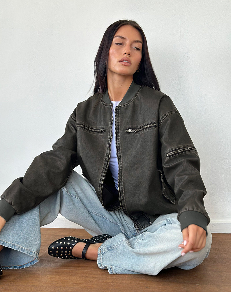 Image de Marco Distressed Bomber Jacket en PU Charcoal