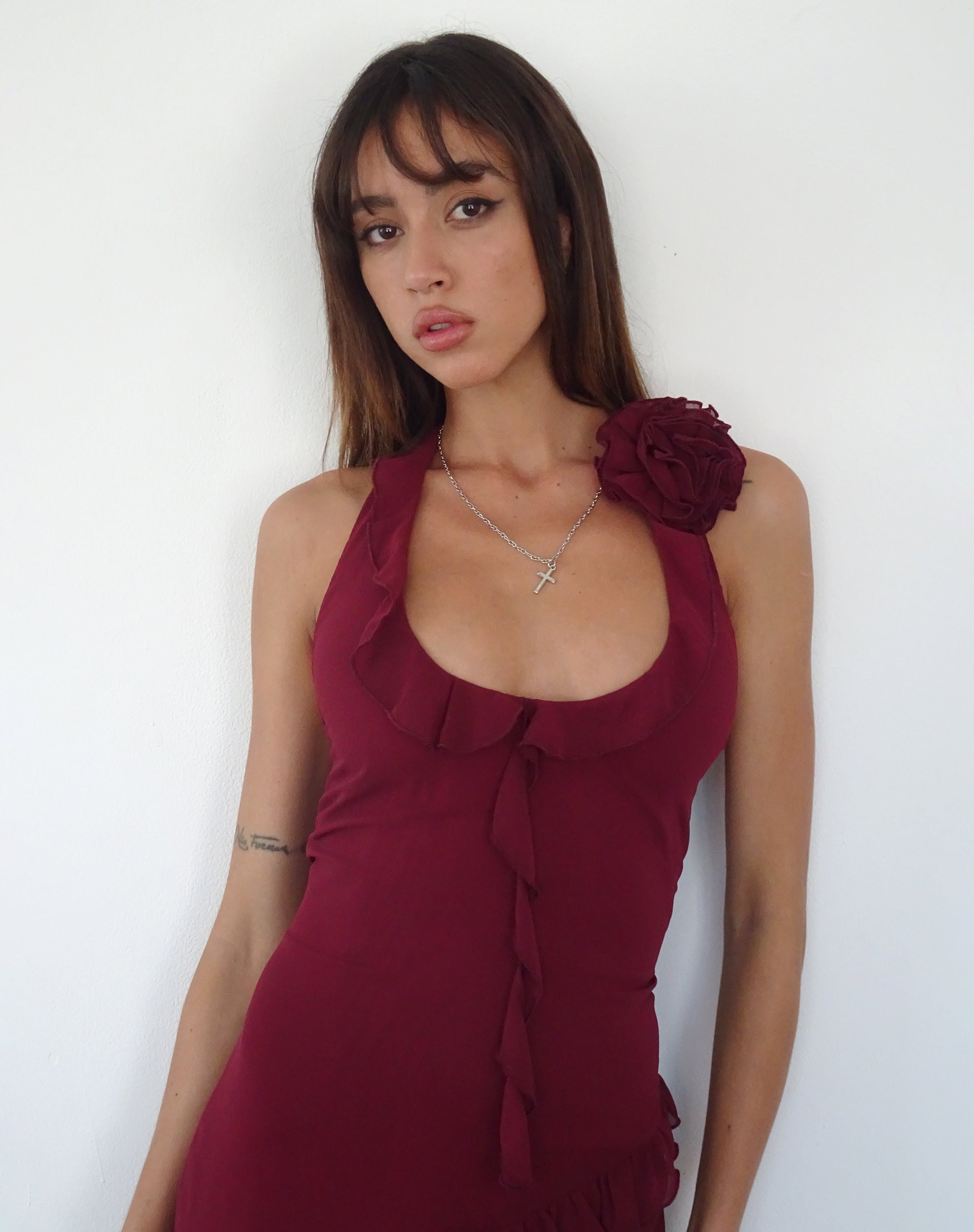 Image of Margaret Ruffle Mini Dress in Plum Chiffon with Rosette