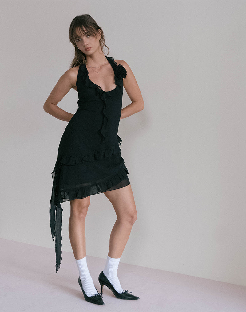 Mini robe à volants Margaret en mousseline de soie noire avec rosette