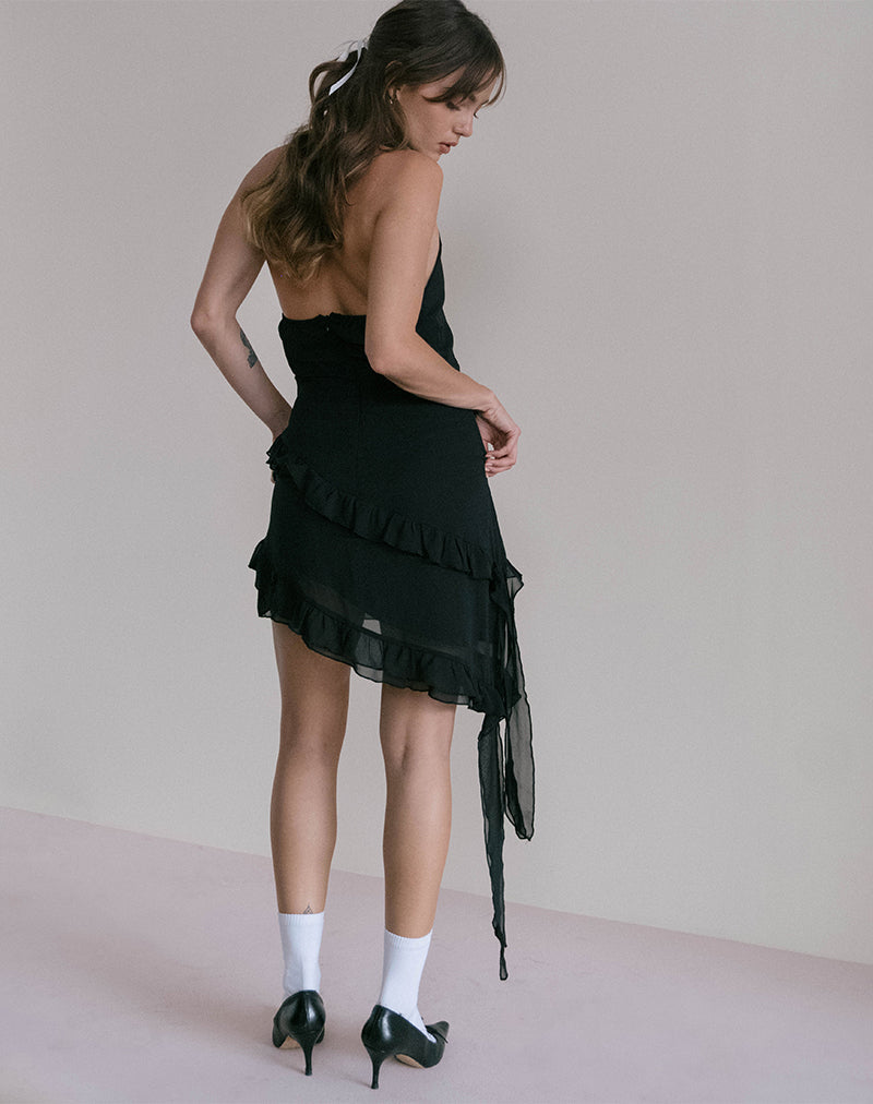 Mini robe à volants Margaret en mousseline de soie noire avec rosette