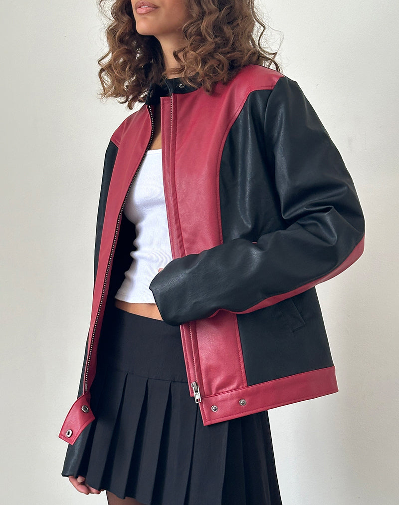 Image de Marion PU Biker Jacket in Red with Black Panels