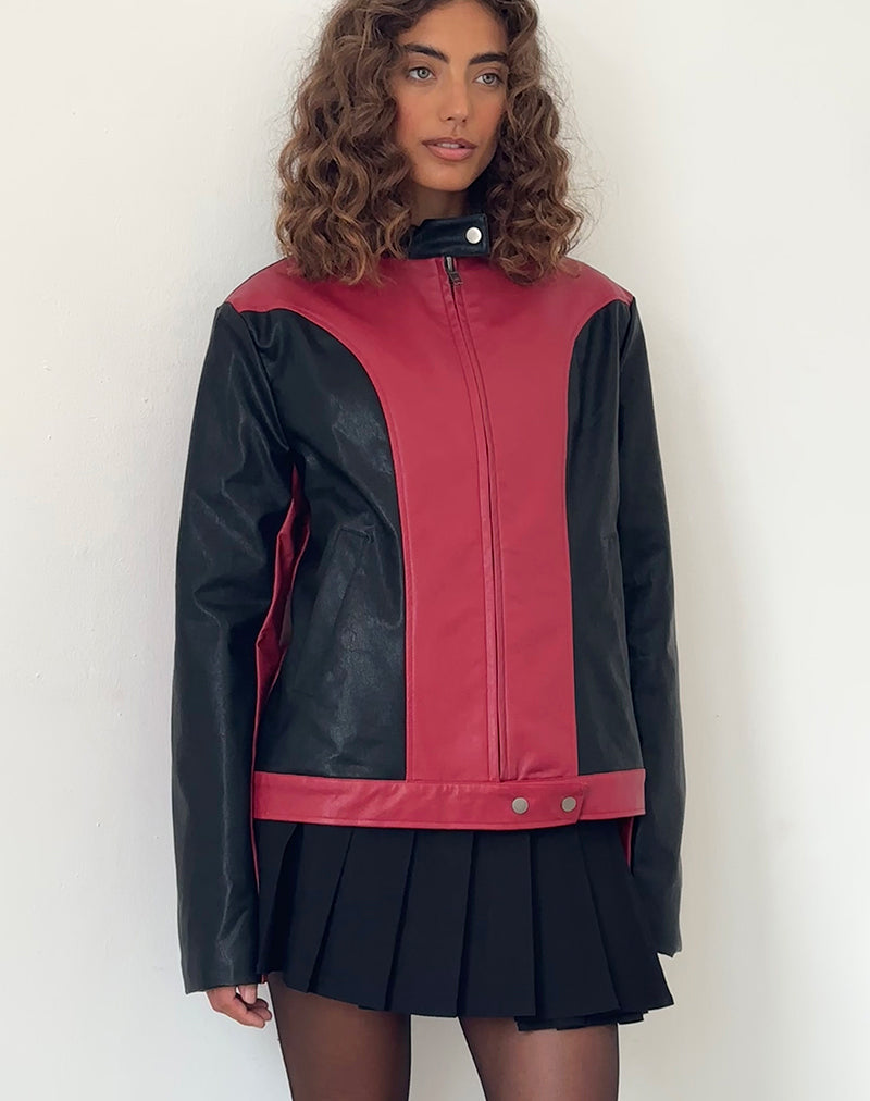 Image de Marion PU Biker Jacket in Red with Black Panels