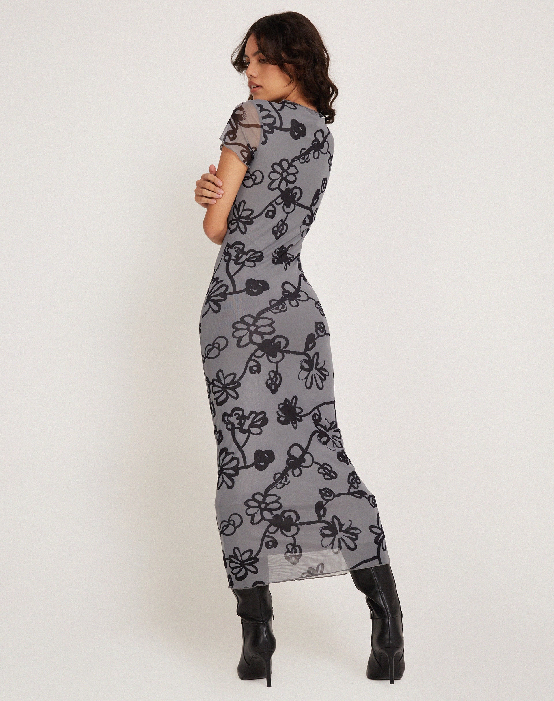 Image de Maruza Midi Dress in Mesh Doodle Flower Grey