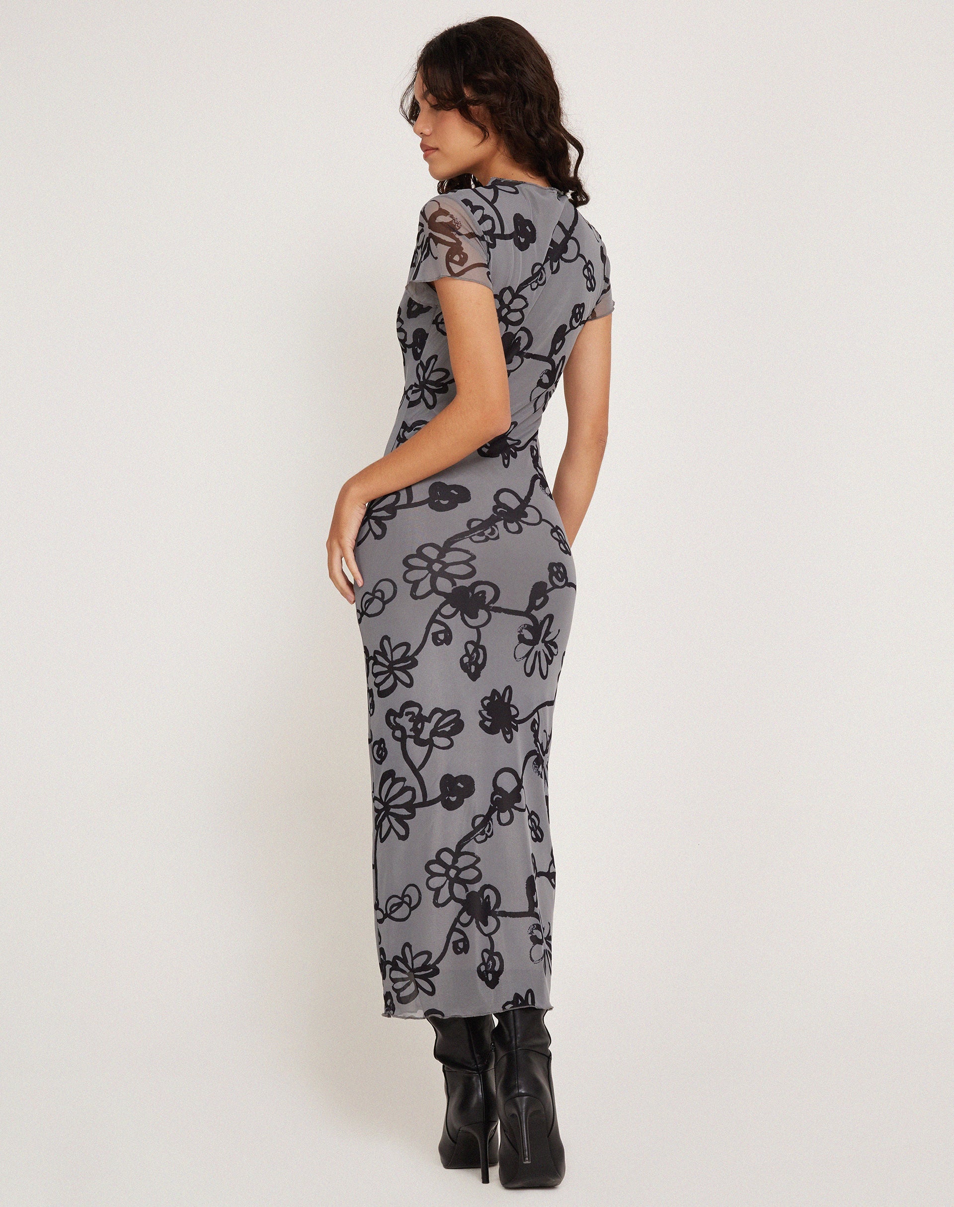 Image de Maruza Midi Dress in Mesh Doodle Flower Grey