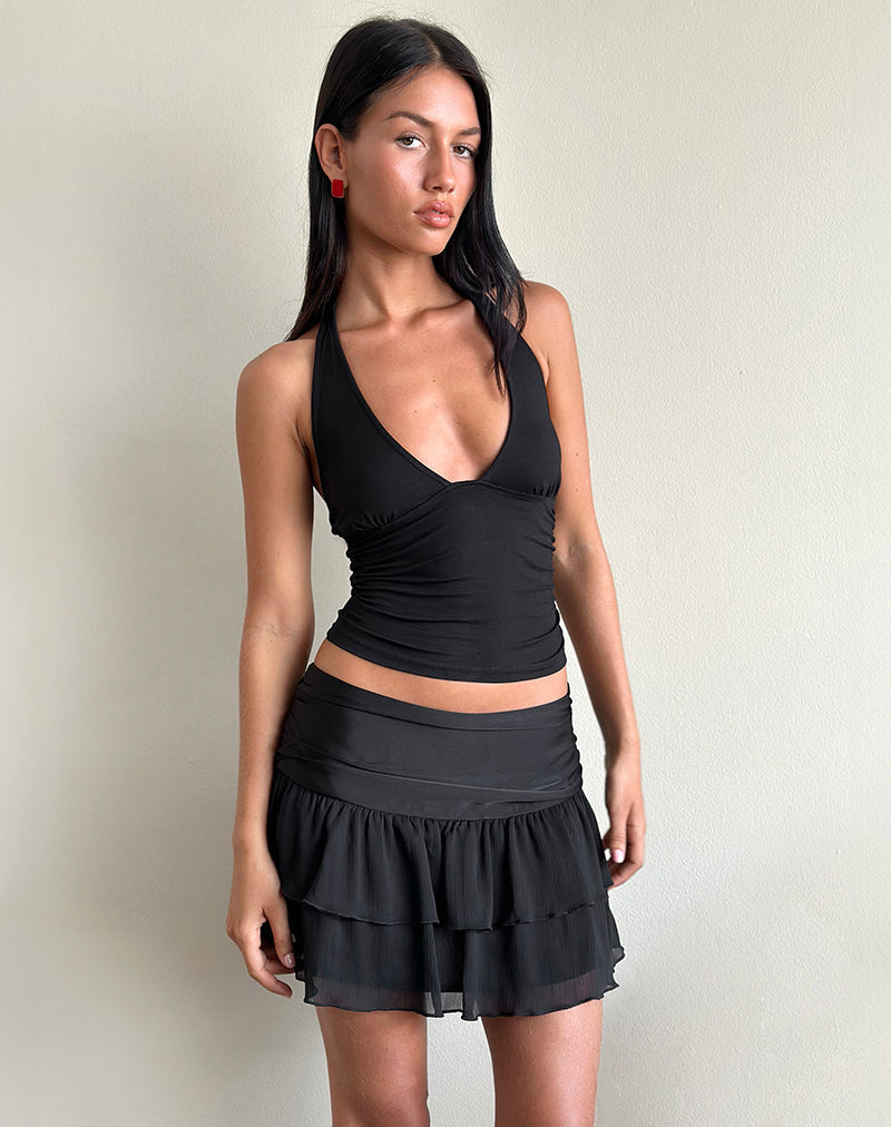 Minijupe à volants Masama, satin et mousseline noirs