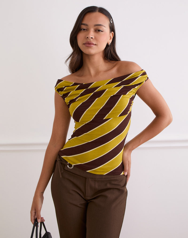 Maurisia Off Shoulder Top in Retro Stripe Yellow (Top asymétrique à rayures rétro)