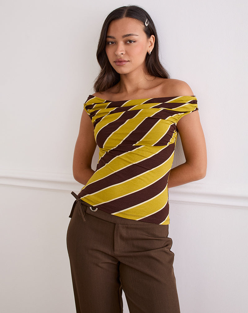 Maurisia Off Shoulder Top in Retro Stripe Yellow (Top asymétrique à rayures rétro)