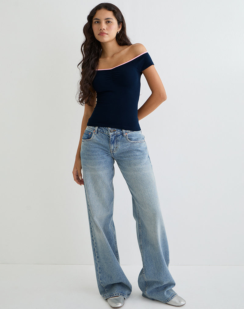 Top asymétrique Mayomi en bleu marine avec bordures roses