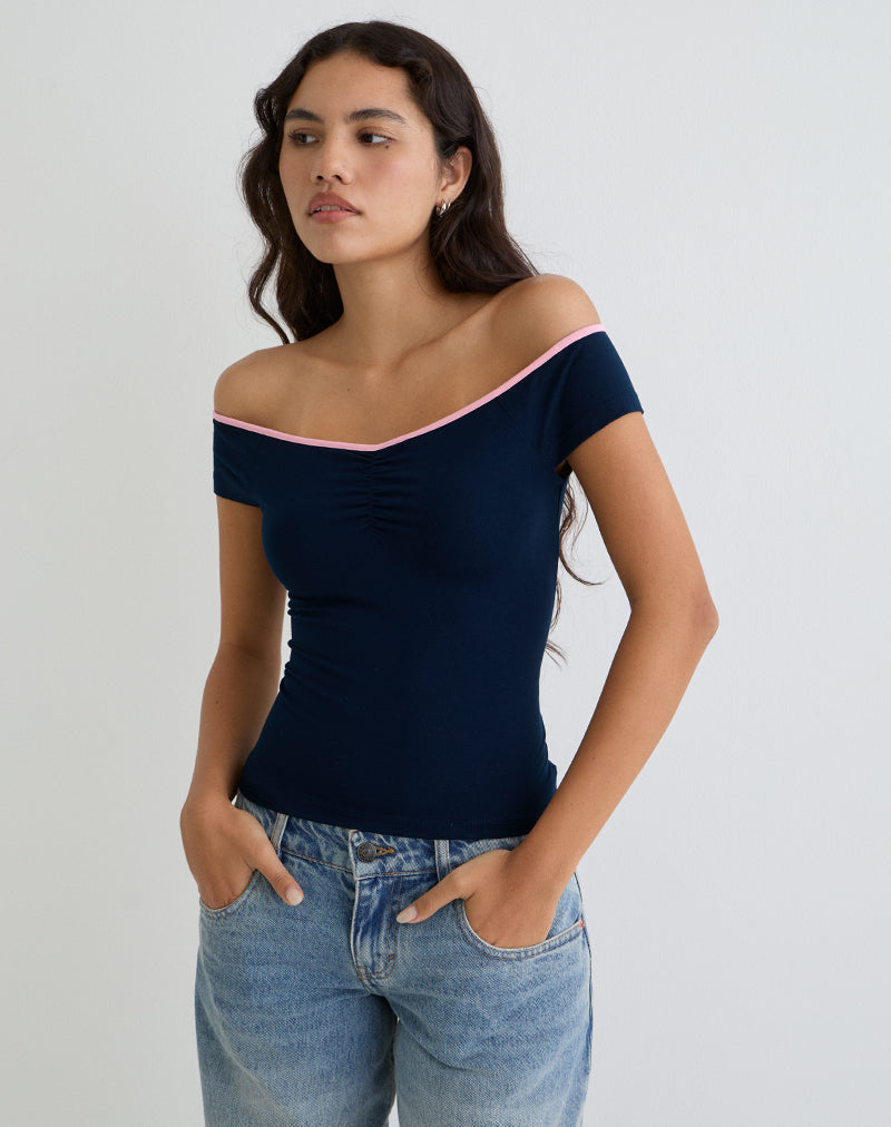 Top asymétrique Mayomi en bleu marine avec bordures roses