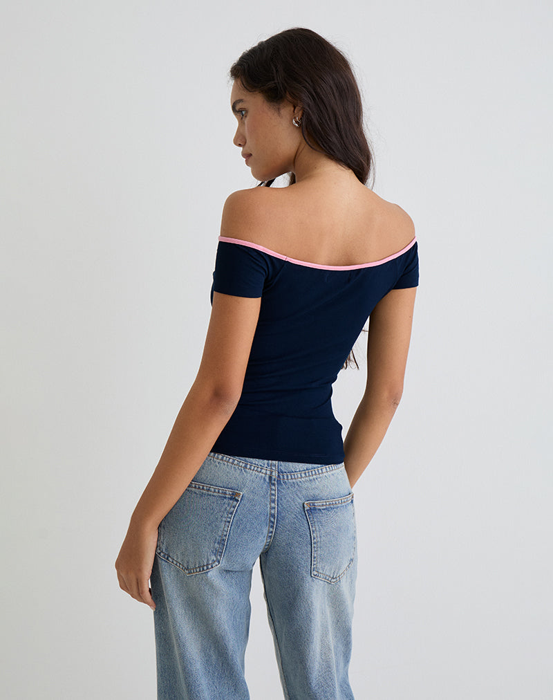 Image Mayomi Top asymétrique en marine avec reliure rose