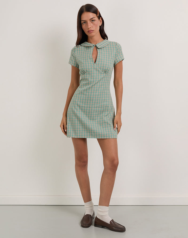 Medora Keyhole Mini Dress in Teal Check (Mini robe avec trou de serrure, carreaux sarcelle)