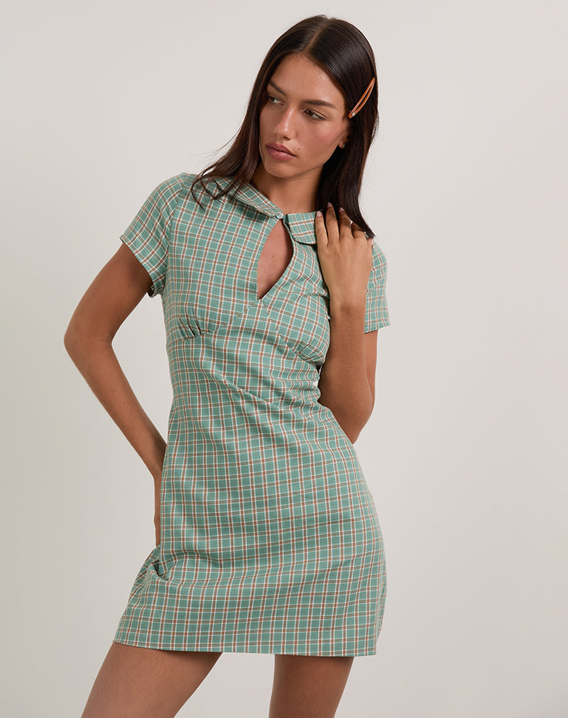 Medora Keyhole Mini Dress in Teal Check (Mini robe avec trou de serrure, carreaux sarcelle)