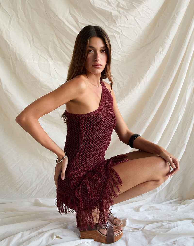 Image of Meloka Asymmetric Fringe Mini Dress in Berry