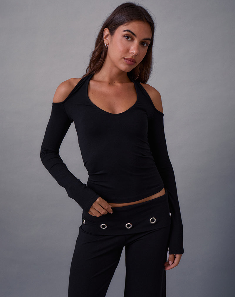 Image de Melton Long Sleeve Halter Top in Rayon Jersey Black