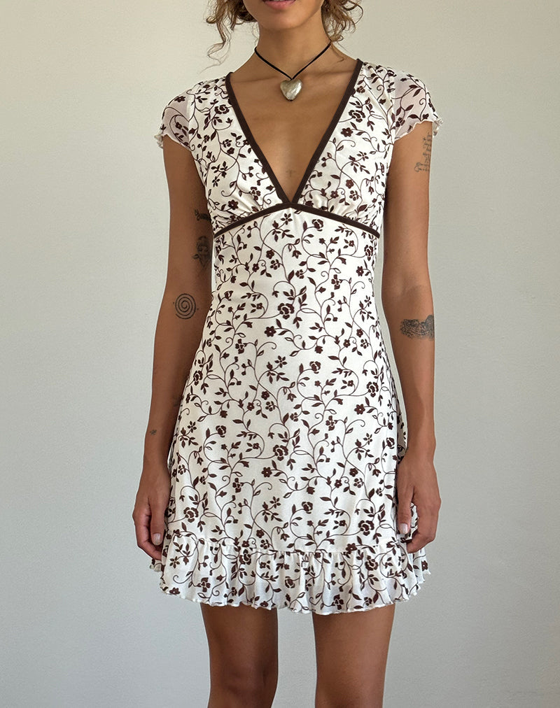 Image de Melva Mini Dress in Brown Stem Flower Flock