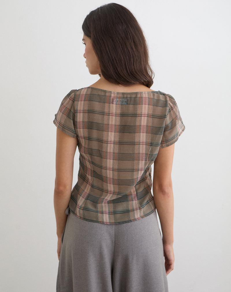 Image du haut Meraki Blouse Top à carreaux flous marron et rose