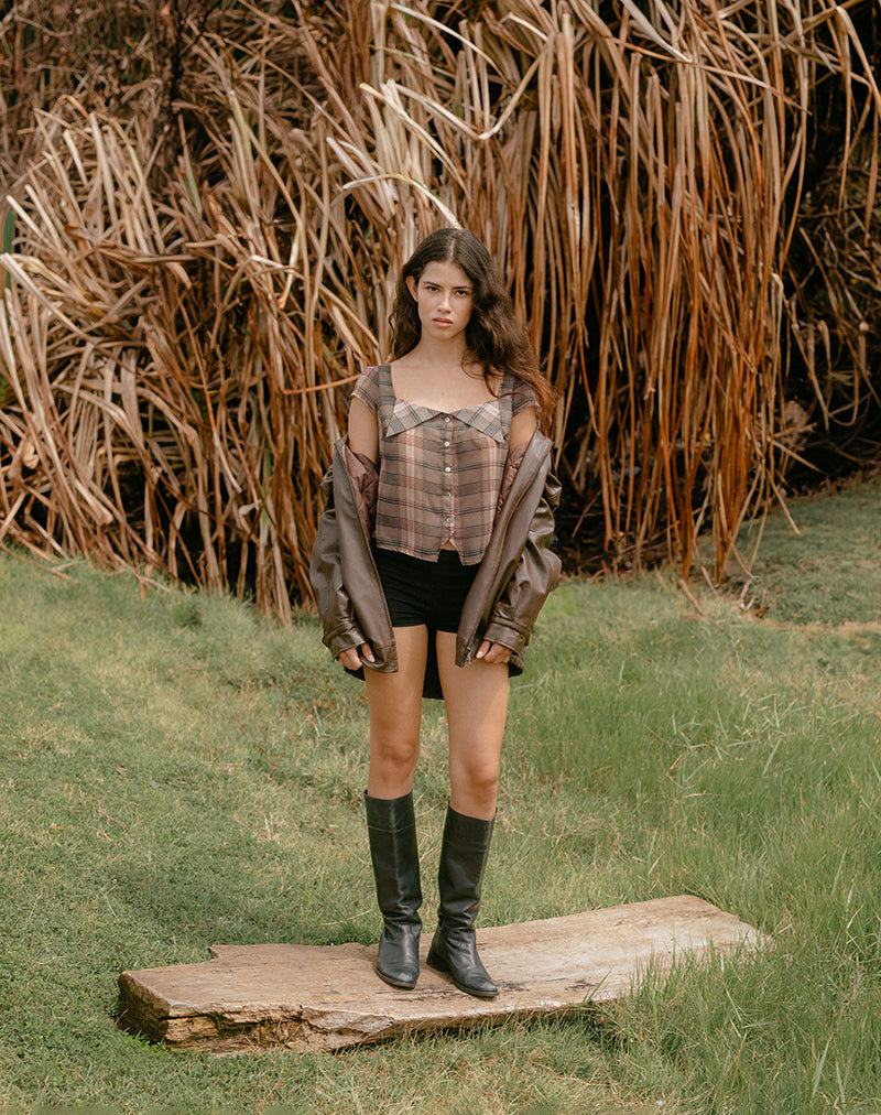 Image du haut Meraki Blouse Top à carreaux flous marron et rose