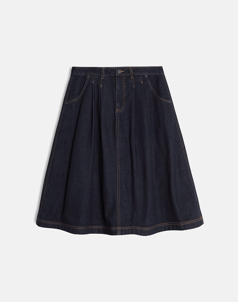 Image de la jupe midi en denim plissée en indigo