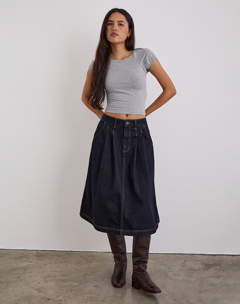 Image de la jupe midi en denim plissée en indigo