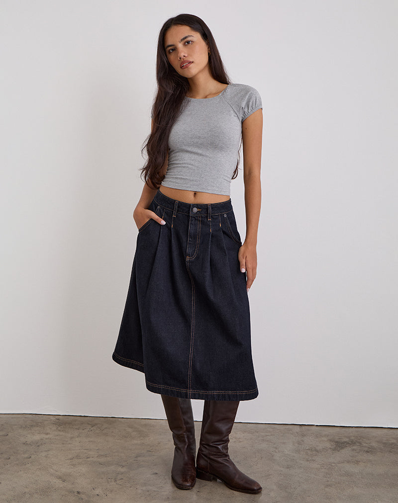 Image de la jupe midi en denim plissée en indigo