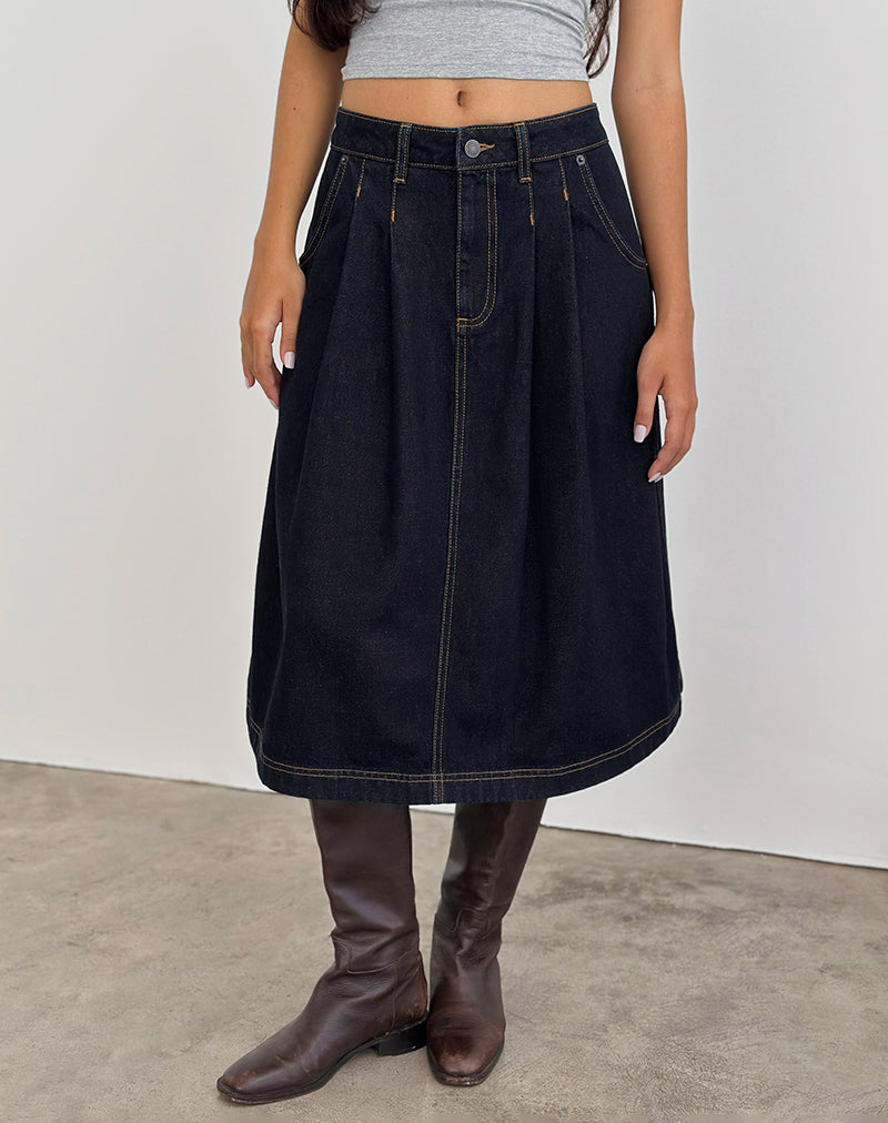 Image de la jupe midi en denim plissée en indigo