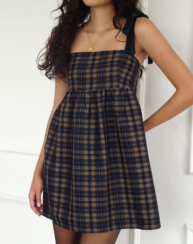 Mini robe à encolure carrée Mikayla à carreaux bleu marine et moutarde