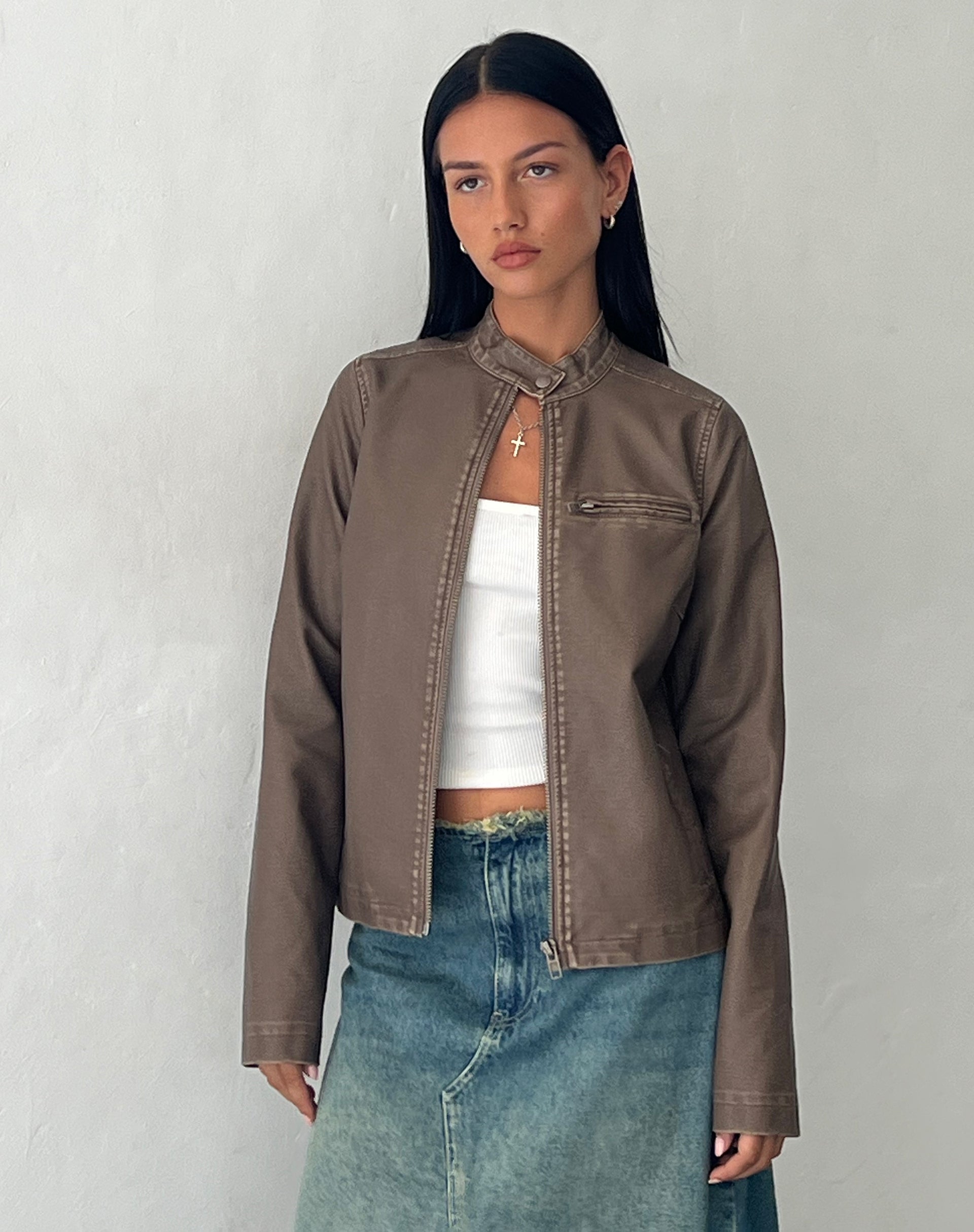 Image de Mildred Distressed Biker Jacket en PU Olive