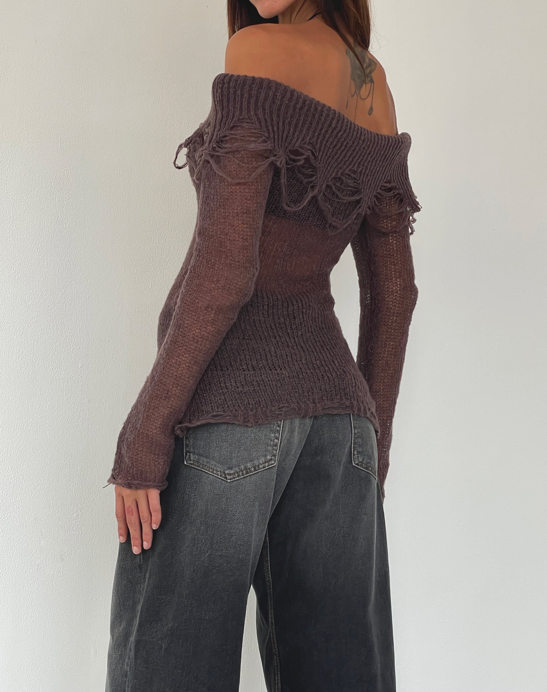 Image de Milena Distress Knit Long Sleeve Bardot Top in Maroon